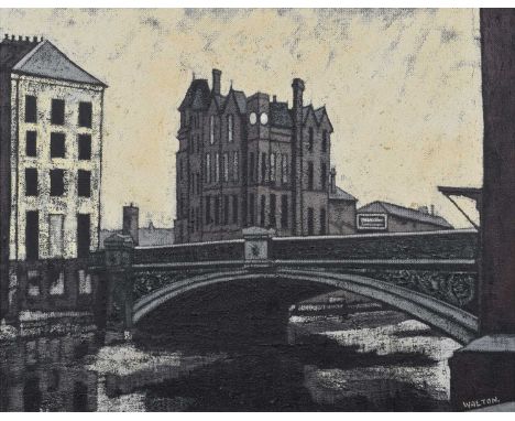 Stuart Walton (British 1933-) "Leeds Bridge over the River Aire" Signed, with gallery label - 'The Railings Gallery, London' 