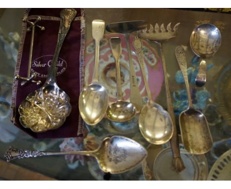 A mixed lot of Georgian and later hallmarked silver to include a caddy spoon of plain form, mustard spoons, Scottish table sp