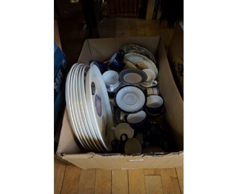 A mixed lot of assorted ceramics to include Denby teacups and saucers, Spode teacups and saucers, Portmeirion meat platters.