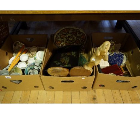 Three boxes of assorted items to include an unusual Studio pottery tea service, a Japanese lacquered tray, etc.