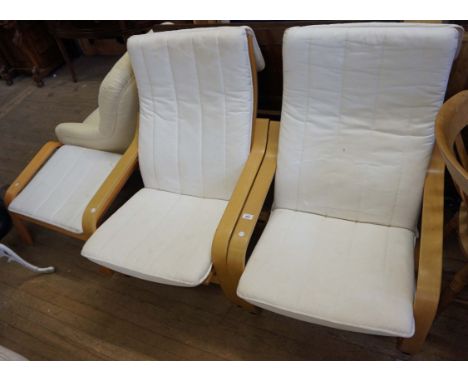 A pair of Ikea reclining chairs, together with one matching pouffe.
