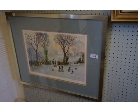 A pencil signed Helen Bradley print, depicting figures walking in a snowy park scene.