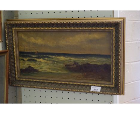 Walter Danke (19th Century) oil on canvas depicting children climbing on rocks in beach seascape.