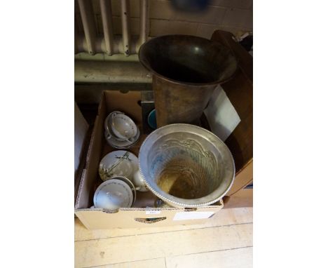 A good quality silver-plated pedestal vase together with a metal vase, part of a tea service.