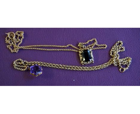 An amethyst pendant and chain, chain stamped '9ct', together with another gem set pendant and chain, (2) weight combined 21.9