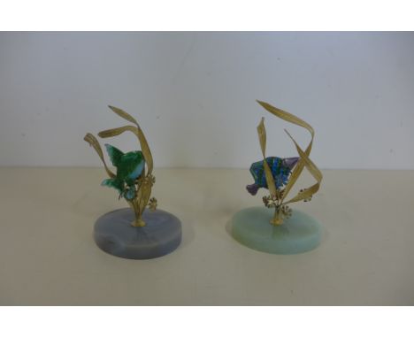 A pair of signed silver gilt and enamel Suhai fishes on hard stone bases, hallmarked and stamped 925 