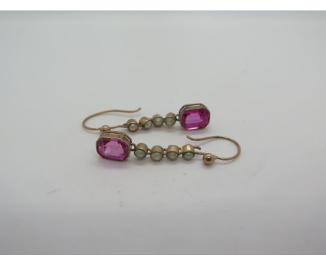 A pair of pretty yellow metal pearl and possibly synthetic ruby drop earrings, 3cm long 