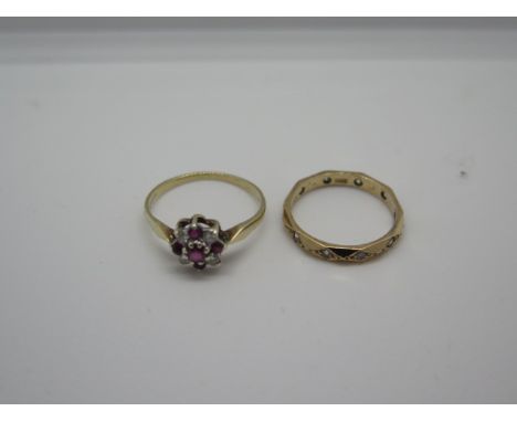 A 9ct hallmarked ruby and diamond ring, size M and another 9ct ring, size J, approx 3.2 grams 