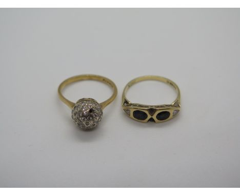 An 18ct gold diamond set ring, with one stone missing, size L, and an 18ct gold sapphire and diamond ring, size L, with heavy