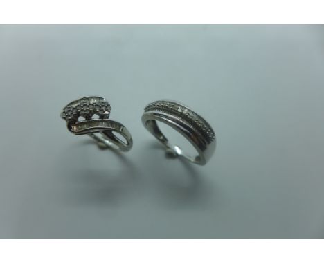 Two 9ct white gold and diamond rings both set with baguette and round cut stones, ring sizes N 1/2 and O, total weight approx