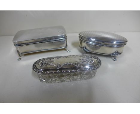 Two silver dressing table trinket boxes and a silver top tidy, general usage to all consistent with age 