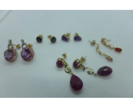 Five pairs of 9ct gold earrings set with amethyst rubelite and diamonds, all clean condition, total weight approx 9.3 grams 