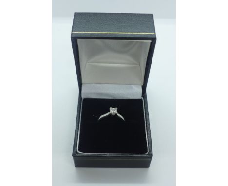 A fine quality platinum princess cut diamond ring, approx 0.40ct, hallmarked, ring size J, approx 3.4 grams, some usage marks