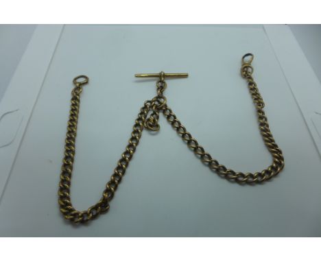 A 9ct gold watch chain with running link to T-Bar, fully hallmarked, weight approx 40.3 grams, each link stamped 375 - length