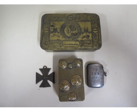 WWI Christmas tin, WWI trench art box and buttons, and a lighter and bracelet 