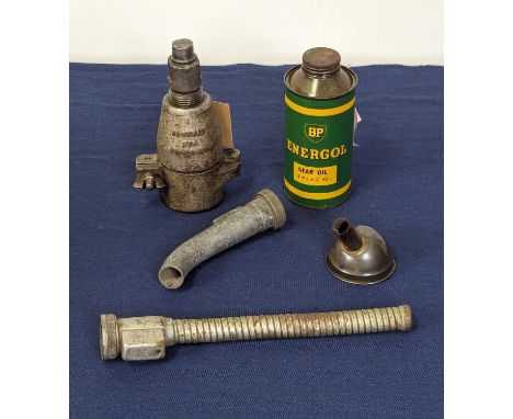 A BP Energol Gear Oil EP SAE90 can, with oil; together with three circa 1950s and later petrol can pourers; and a Fordson E83
