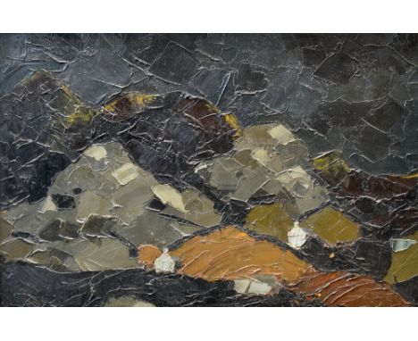 SIR KYFFIN WILLIAMS RA oil on board - Eryri mountains with quarry cottages at base, title scratched into black paint verso 'B