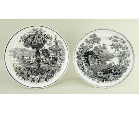 TWO UNCOMMON SWANSEA DILLWYN PLATES WITH MONOCHROME TRANSFERS comprising 'Oriental Basket' featuring a basket of flowers on a