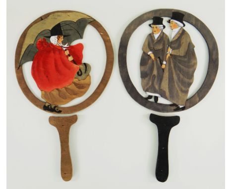 A RARE PAIR OF CARVED &amp; PAINTED STORY-TELLING PADDLES BY VALE OF CLWYD TOYS circa 1915, depicting a lady in Welsh hat and