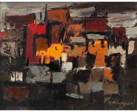 DONALD McINTYRE early oil on board - colourful depiction of houses, signed in full, circa 1966, 39 x 49cms Provenance: deceas