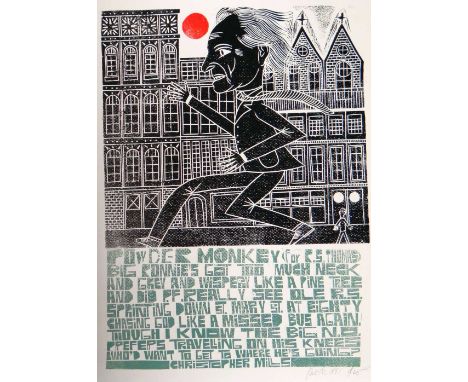PAUL PETER PIECH limited edition (18/25) three colour linocut poster - entitled 'Powder Monkey (for R S Thomas)' with words b