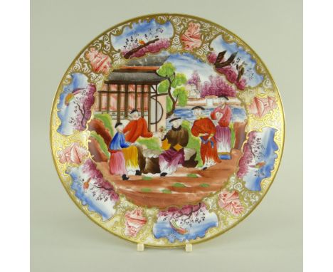 A SWANSEA PORCELAIN CHINOISERIE MANDARIN PLATE of circular form, colourfully decorated in a village scene with five figures i