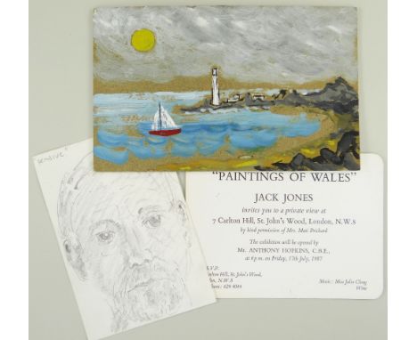 JACK JONES various ephemera - (1) a pencil drawing self-portrait entitled 'Pensive' and initialled and dated 2/11/86, 15 x 10