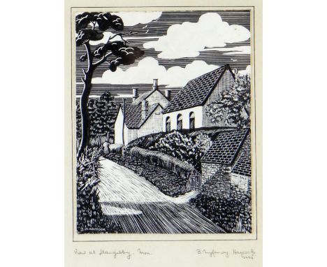 MYFANWY HAYCOCK monochrome scraperboard engraving - village scene, entitled in margin 'View at Llangibby, Mon', signed and da