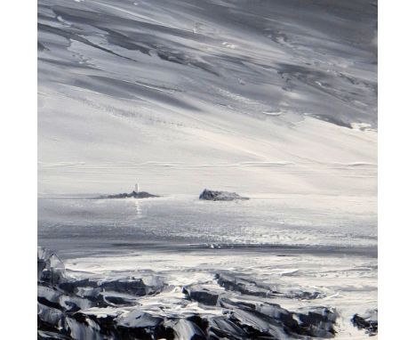 NICK JOHN REES oil on canvas - coastal scene, entitled verso 'Bright Evening Light Over the Holmes, Bristol Channel', signed 