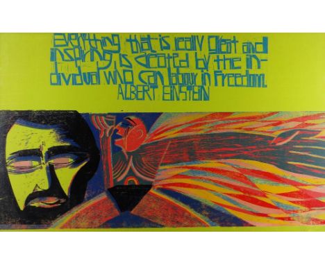 PAUL PETER PIECH colour screen print on green paper - image with words of Albert Einstein 'Everything that is really great an