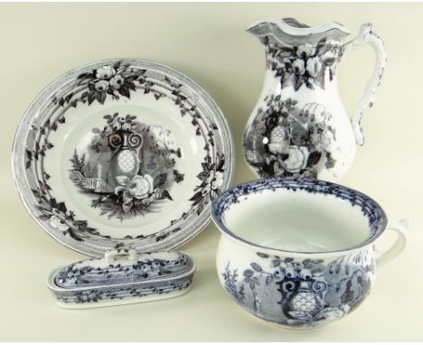 A FOUR-PIECE YNYSMEUDWY POTTERY 'IVY' TRANSFER CHAMBER SET comprising twig-handled jug, flared basin, chamber-pot and toothbr