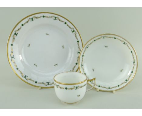 A SWANSEA PORCELAIN PART TEA SERVICE, glassy porcelain, comprising circular dish, 21cms diam, teacup and saucer, each with st