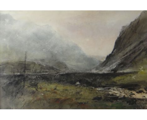 WILLIAM SELWYN mixed media - Eryri landscape near Llanberis with historic bridge, entitled verso on Albany Gallery label 'Pon