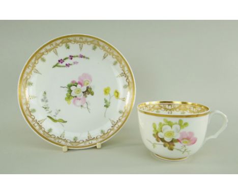 A SWANSEA PORCELAIN CUP & SAUCER the cup with ear-shaped loop handle, locally decorated with flowers in sprigs and posies, wi