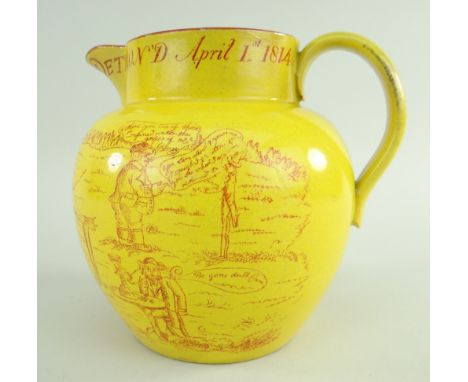 A RARE SWANSEA CAMBRIAN EARTHENWARE POLITICAL SATIRE JUG of bulbous form with loop handle, in canary-yellow ground with red e