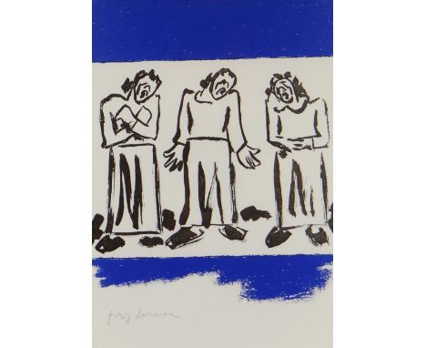 JOSEF HERMAN two colour lithograph - three standing figures with blue, signed in pencil, 29 x 20cms Provenance: private colle