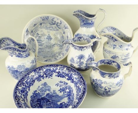 FIVE LARGE SWANSEA POTTERY BLUE &amp; WHITE TRANSFER JUGS &amp; TWO BASINS comprising (1) Baker, Bevans &amp; Irwin 'Cottage 