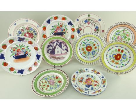 GROUP OF SWANSEA POTTERY COLOURFULLY HAND-PAINTED PLATES including five ribbon plates with moulded basket-weave borders, four