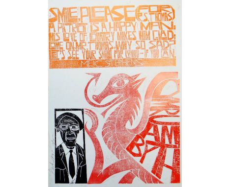 PAUL PETER PIECH limited edition (12/25) three colour linocut poster - with image of red dragon and poet R S Thomas, entitled