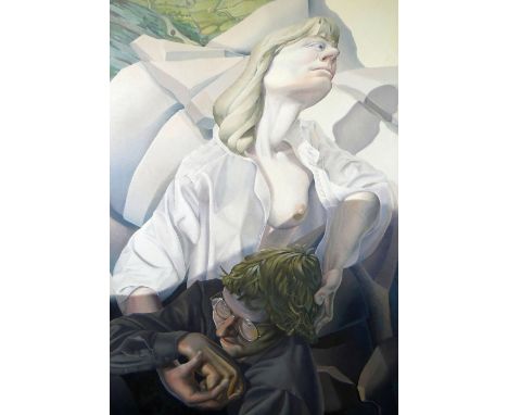 ED POVEY oil on canvas - two figures on a mountain rock, entitled 'Y Graig...Y Cysgod', signed and dated 1985, 107 x 75cms Pr