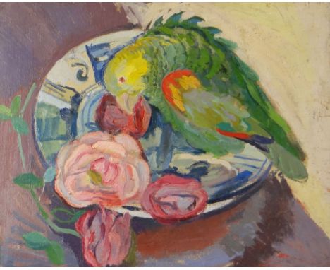 DENIS MATHEWS (1913 - 1997) oil on canvas - study of a green parrot perched amongst flowers on a dish, unsigned, 32 x 40cms P