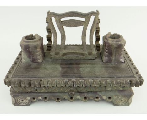A NINETEENTH CENTURY DYFFRYN OGWEN SLATE DESK STAND of three-piece rectangular form, raised on four corner bracket feet, havi