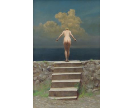 HARRY HOLLAND oil on board - female nude standing on a seawall preparing to dive, signed, 55 x 34cms Provenance: private coll