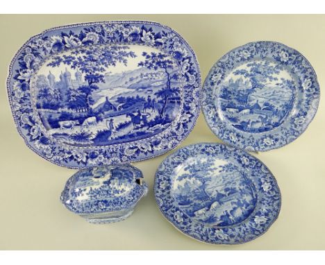FOUR ITEMS OF SWANSEA POTTERY WITH 'LADIES OF LLANGOLLEN' TRANSFER comprising platter, stamped BB&amp;I, 39.5cms long, a smal