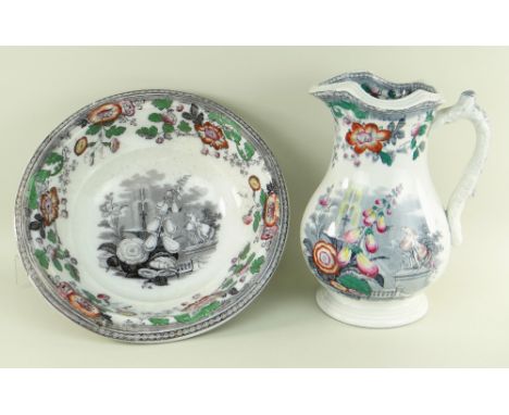 AN YNYSMEUDWY POTTERY 'FOUNTAIN' TOILET JUG &amp; BASIN the jug of baluster form with spreading foot, having a moulded twig h