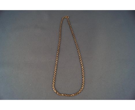 A yellow metal trace link chain, bolt ring clasp, 350mm length. Stamped 9ct.4.5 grams