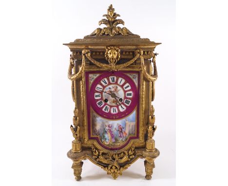 A 19th century French gilt metal and porcelain mantel clock, the eight day movement striking on a pendulum, stamped PH Mourey