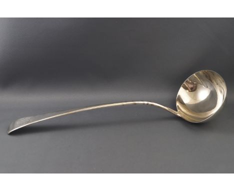 A George III silver Old English pattern soup ladle engraved with a family crest, by William Eley and William Fearn, London 18