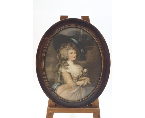 Manner of Joshua Reynolds, Portrait of a Lady holding a rose , hand coloured mezzotint, oval, 69cm x 50cm