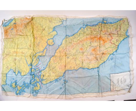 A WWII silk escape map scarf showing Siam, Malaya and Sumatra, 89cm x 55cm